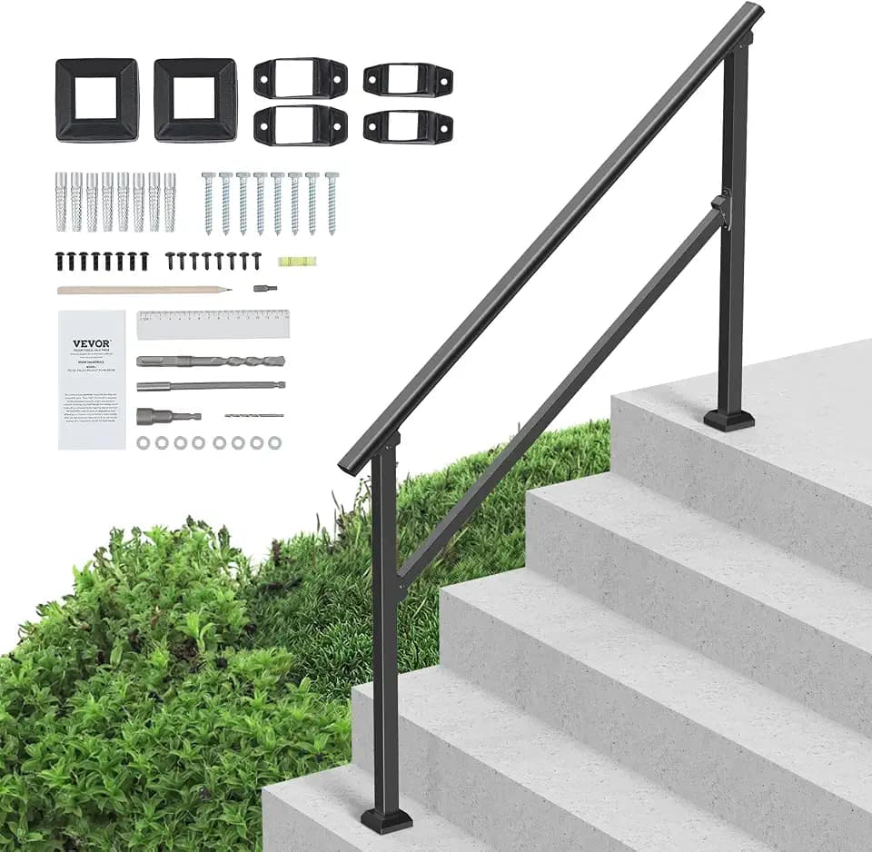 VEVOR Handrails for Outdoor Steps, 4 Step Stair Hand Rail Kit, Transitional Carbon Steel Railings with Installation Kit, Stair Rails for Seniors, Concrete Steps & Porch & Deck, Black Square Tube