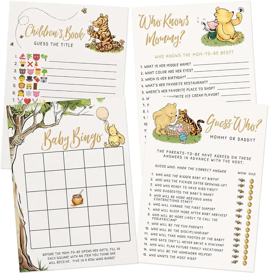 Pooh Bear Baby Shower Games - 4 Activities for 30 Guests, Classic Winnie