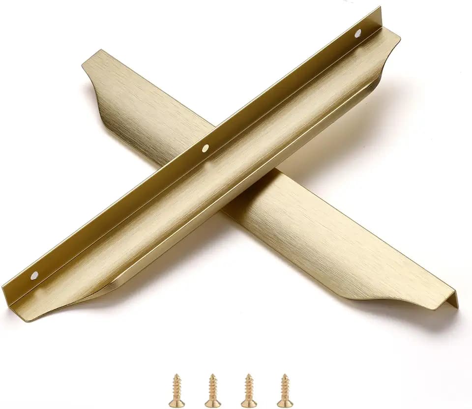 Satanga Edge Finger Pulls for Cabinet Kitchen Drawer knobs Low Profile Door Dresser Bathroom Long Cupboard Furniture Handles Aluminum 10 Pack Brushed Brass 11.81" Easy Installation