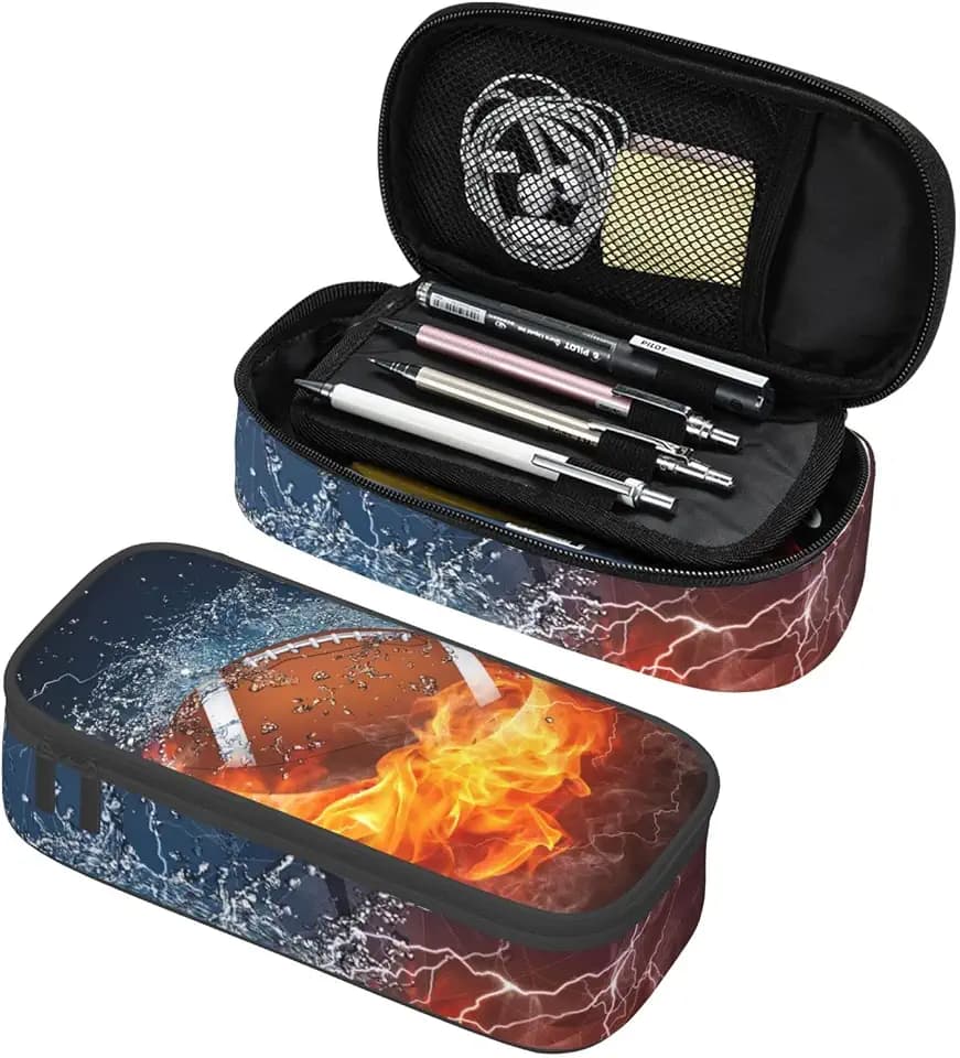 Boys Pencil Box with Football Pattern, Cool Sports Pencil Case Large Capacity Durable Pencil Pouch Storage Pen Bag Stationary Case Desk Organizer with Zippers for Teens Adults