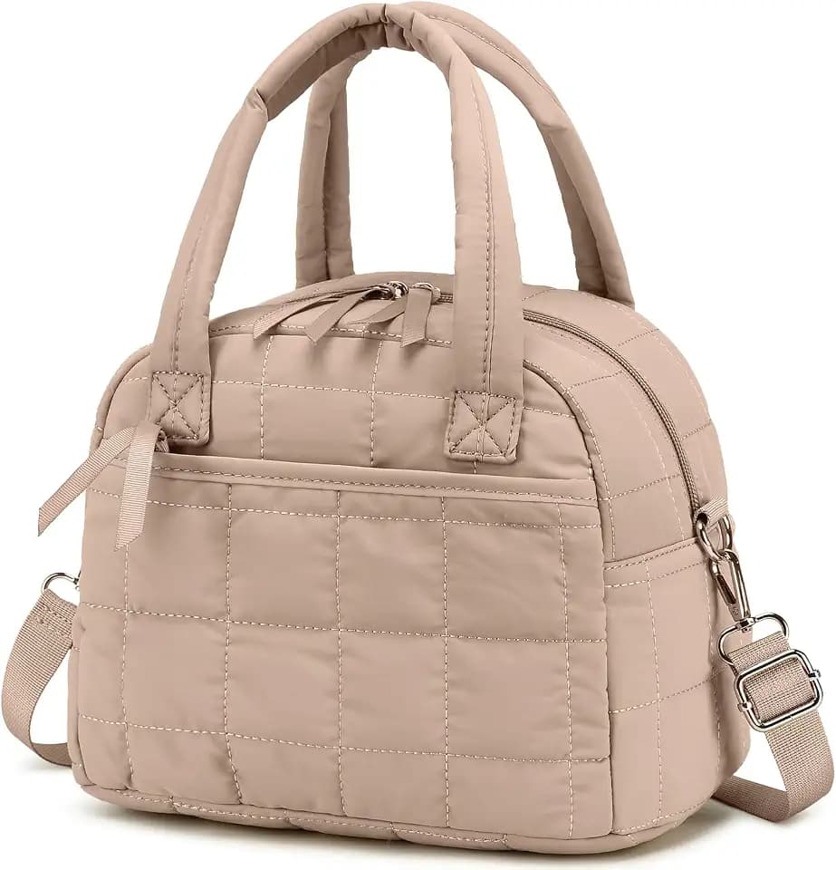 LEDAOU Lunch Box for Women, Quilted Insulated Lunch Bag, Puffy Lunch Tote with Adjustable Shoulder Strap for Work School Travel (Brown, Regular 9L)