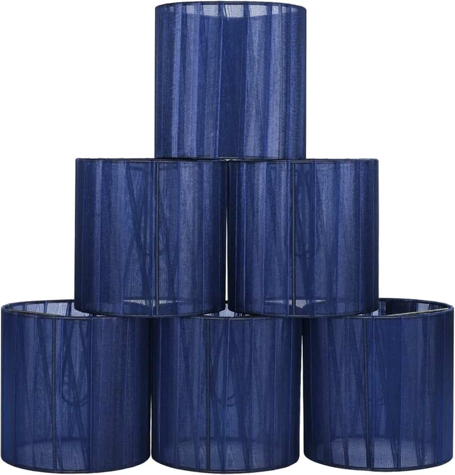 LYON Clip-on Chandelier Organza Fabric Lamp Shades,Set of 6,Small Drum,5.2"×5.2"×H5.2", Organzy Ribbon, Handmade,Modern Trendy Decorative,ONLY FOR CANDLE BULB,Navy Blue