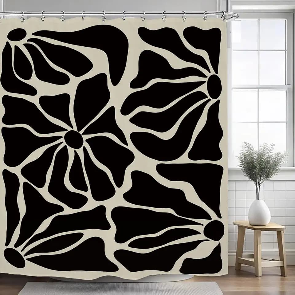 Abstract Matisse Flower Shower Curtain 60Wx72L Inch Retro Vintage Aesthetic Minimalist Black Modern Bathroom Set Accessories Decor with 12 Pack Hooks