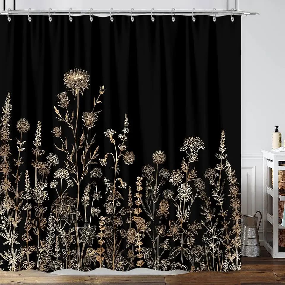 Vintage Black and Gold Boho Shower Curtain, Black and Tan Cream Floral Aesthetic Dark Wildflower Botanical Flowers Shower Curtain for Bathroom with Hook,Farmhouse Plant Art Chic Shower Curtain 72X78
