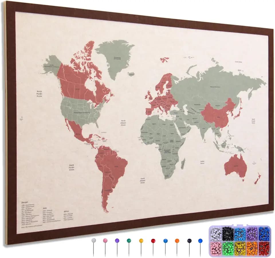 World Map Pin Board, 31.5" x 20" Felt Travel Map with 500 Push Pins