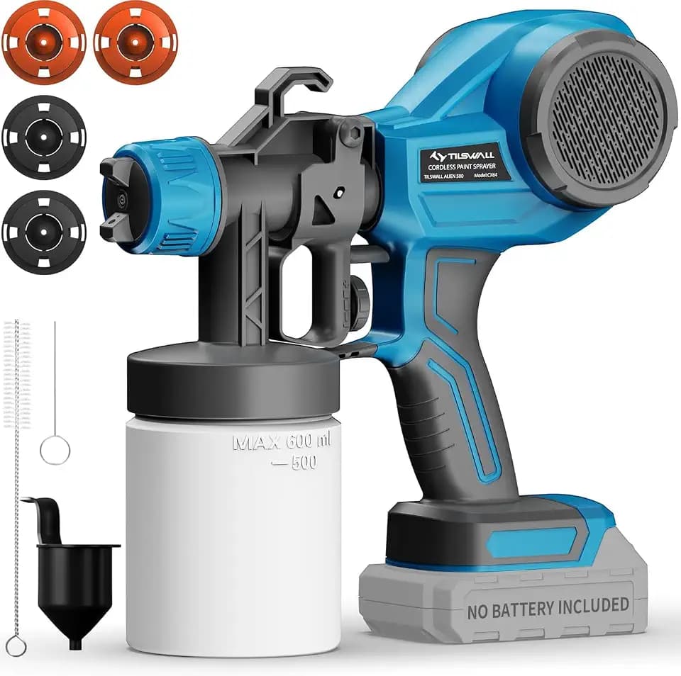 Tilswall Farbsprühsystem Akku kabellos, Farbsprühgerät elektrisch, Lackierpistole 600ml, kompatibel mit 18V Makita Akku (ohne Akku), 4 Düsen, 3 Sprühmuster, Paint Sprayer für Möbel, Schrank, DIY