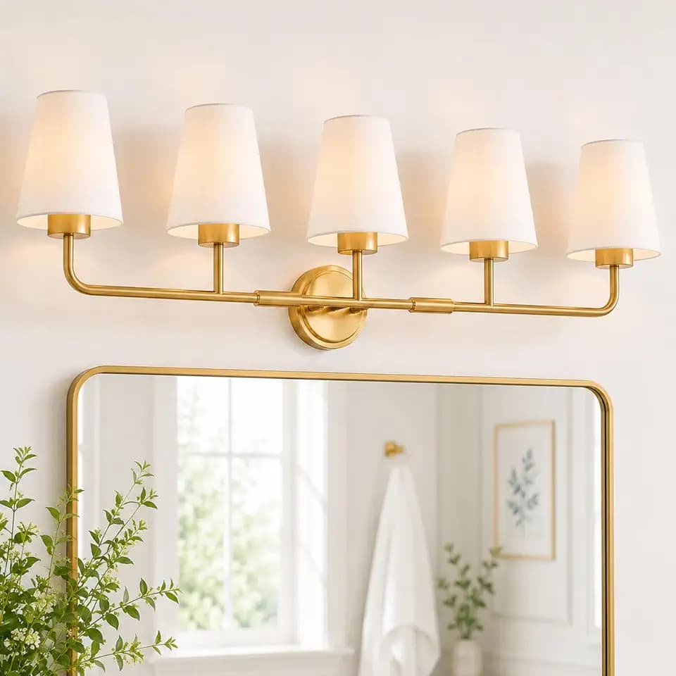 5-Light Gold Bathroom Light Fixtures with White Fabric Shades