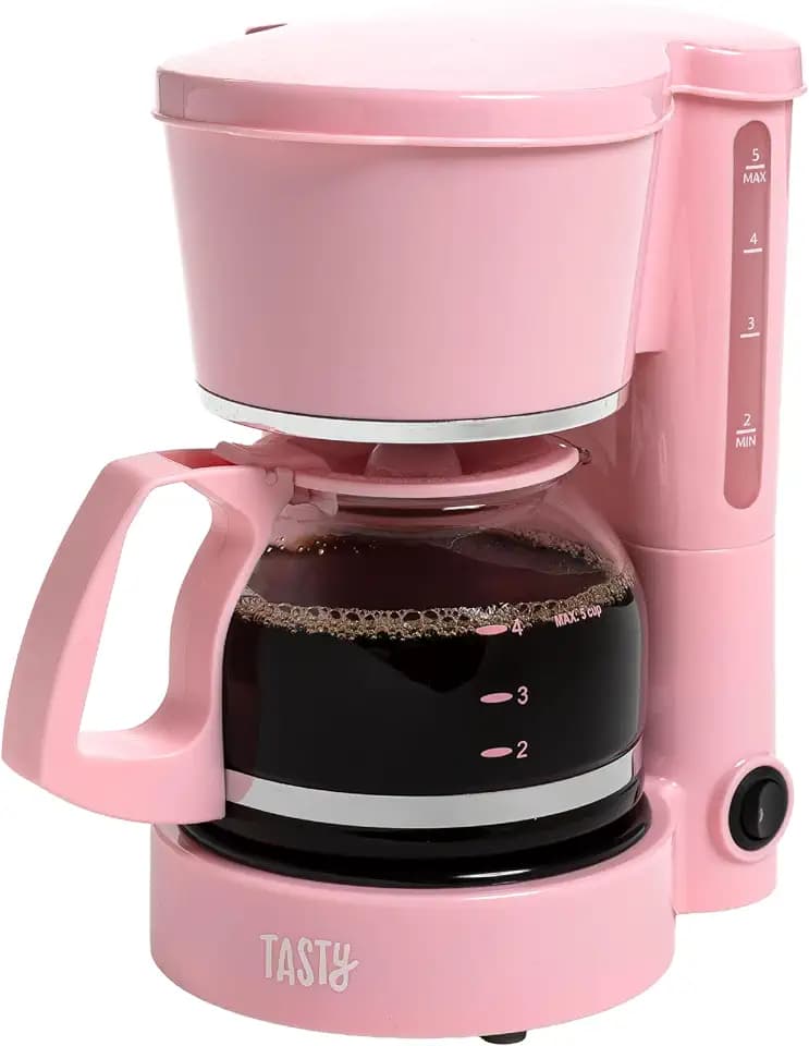 Tasty 5-Cup Coffee Maker with Auto Pause & Pour, Reusable Filter, Easy View Water Reservoir and Warming Plate, Glass Carafe, Compact Brew & Drip Coffee Maker, 5-Cup, Pink