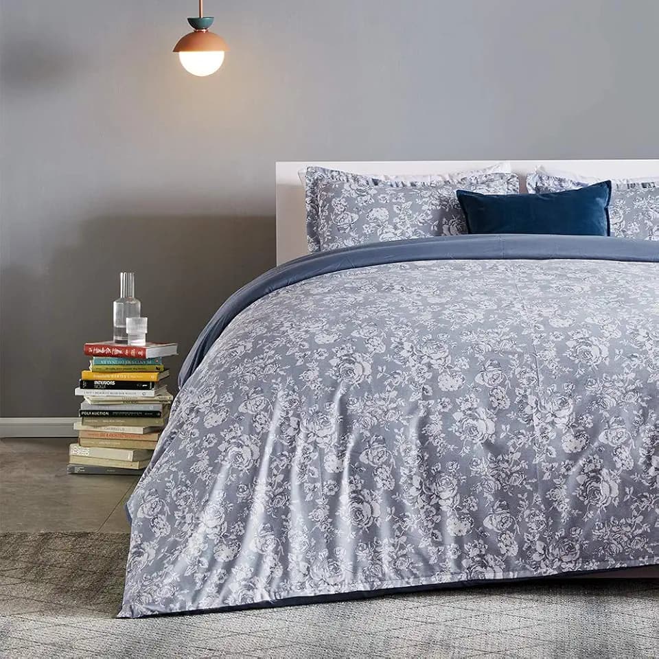 SLEEP ZONE Bedding Duvet Cover Sets Printed Pattern Elegant Peony 120gsm Ultra Soft Zipper Closure Corner Ties, Blue,Full/Queen (90 X 90 inch | 2 Pillow Shams)