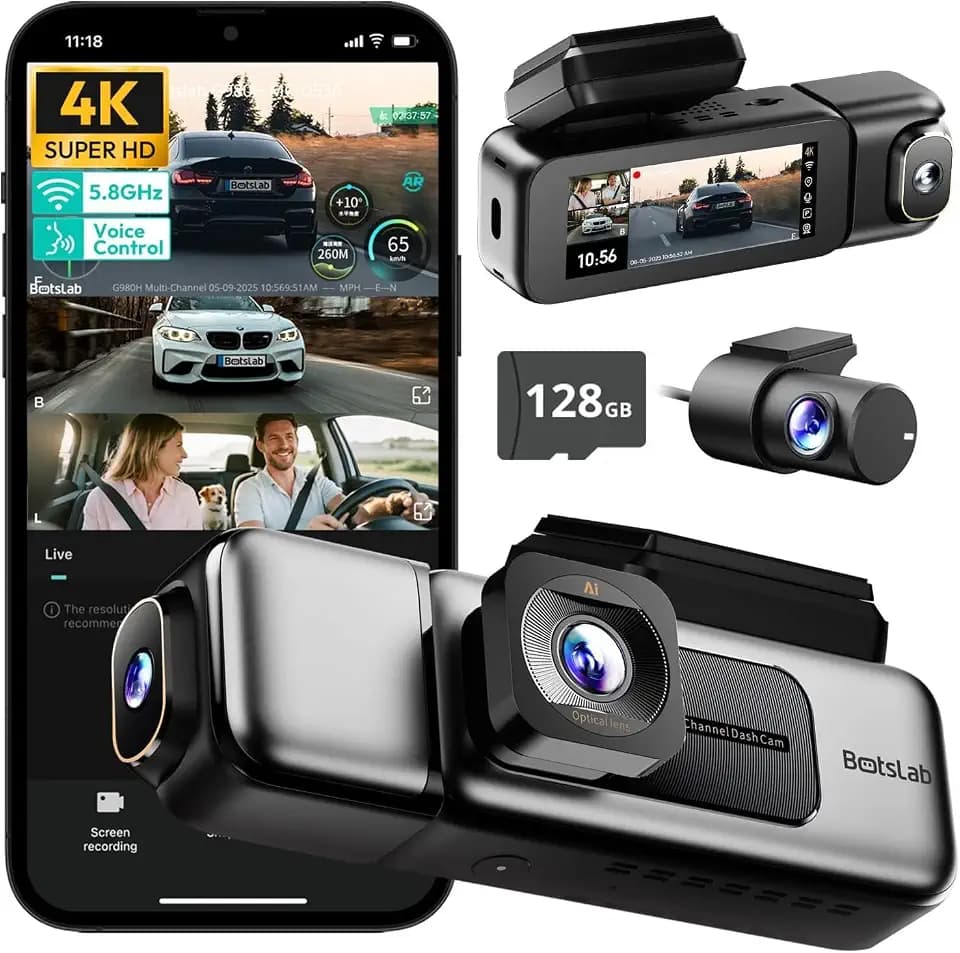 Botslab 3-K-Dashcam 4K mit 128-GB-Karte, 3,2-Zoll-Touchscreen, Sprachsteuerung, 4K-Front- und 1080P-Innenschleifenaufnahme, 5,8 GHz WLAN, GPS, Nachtsicht, WDR, Parkmodus
