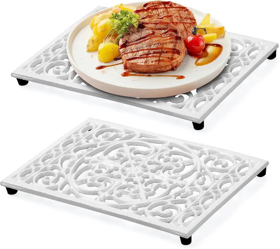 Notakia 9.6 x 6.3 Inch Cast Iron Trivet Set, Large Metal Trivets for Hot Dishes Pots Pans Decorative Kitchen Trivets, Heat-Resistant Trivet Mats for Quartz Countertops, Table Cooktop (White, 2 Pack)