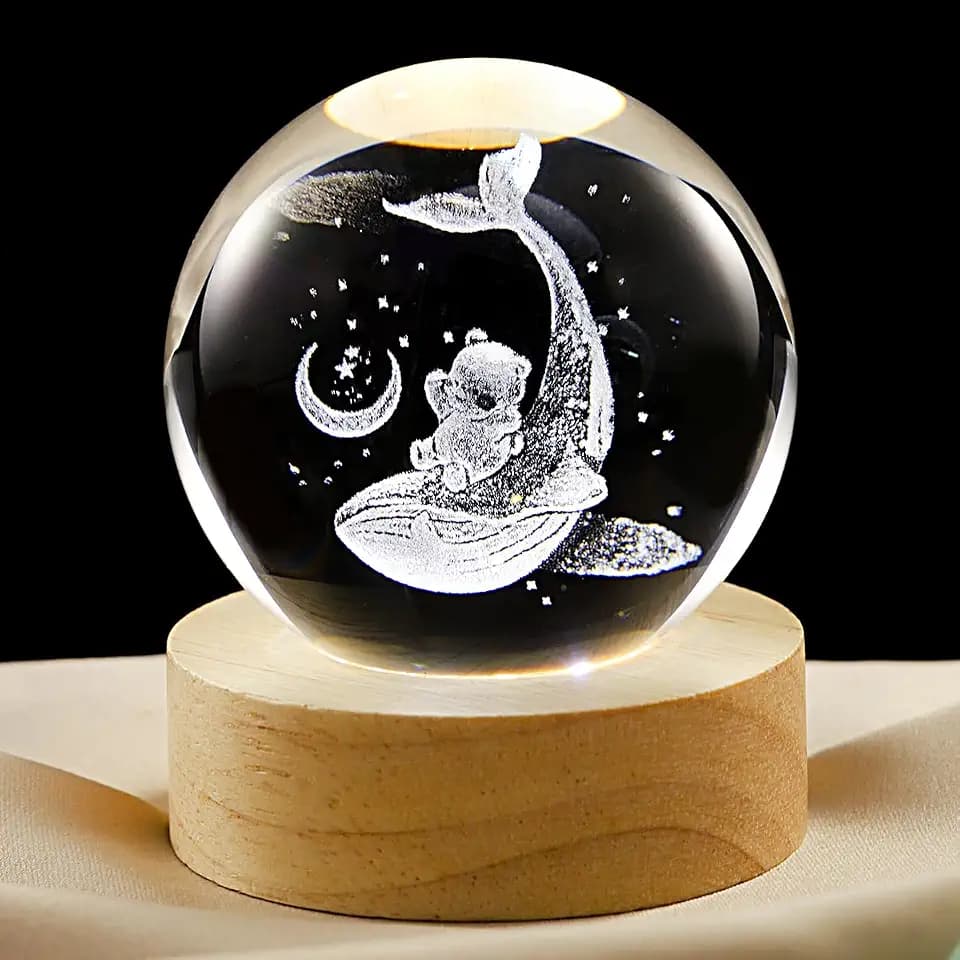 3D Whale Crystal Ball Lamp with Dimmable LED and Wooden Base, Night Light for Kids Teens Adults, Home Desk Office Bedroom Decor, Birthday Gift (2.4”/ 6cm)