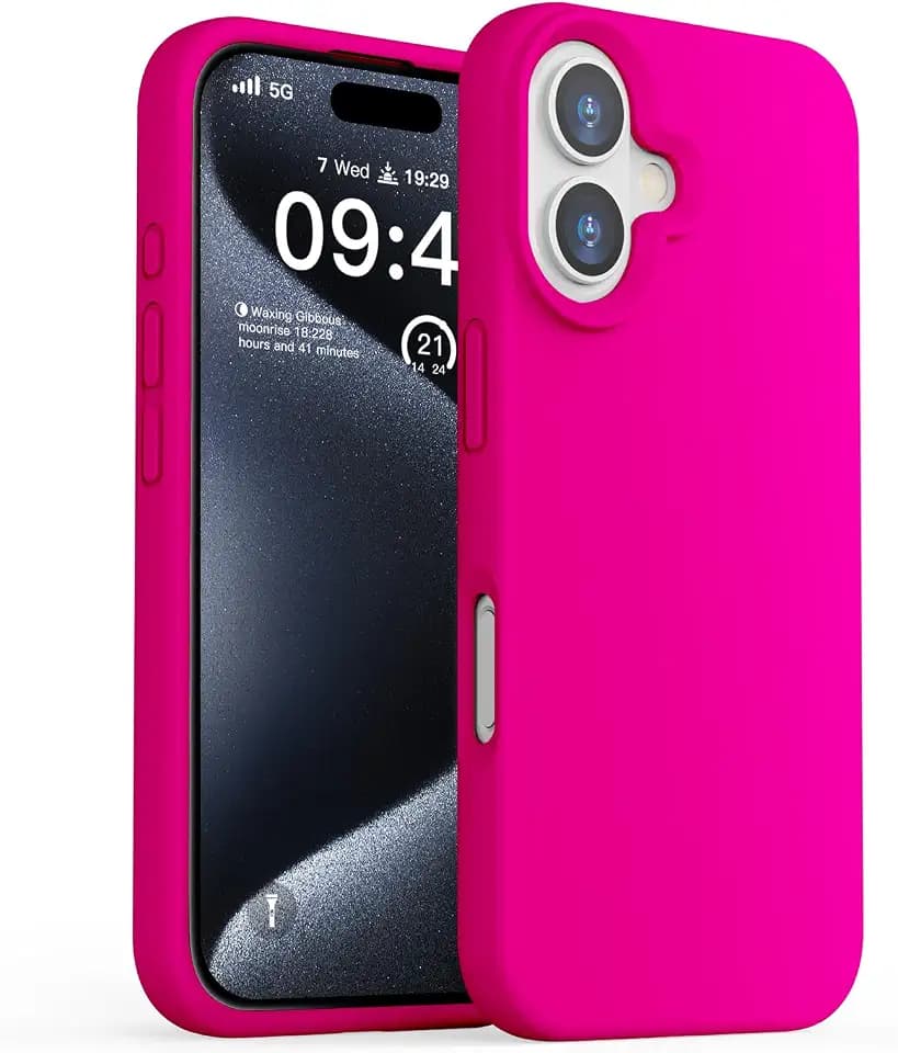 ZUSLAB Real Silicone Case Compatible with Apple iPhone 16 6.1 Inches 2024, Liquid Silicone Gel Rubber Cover Support Wireless Charging, Anti-Scratch TPU Protective Bumper, Neon Pink