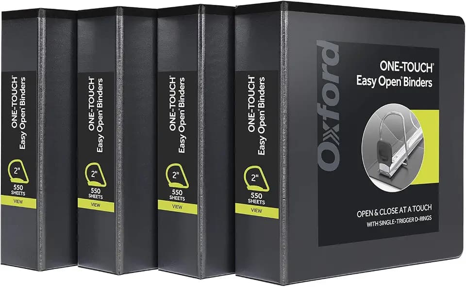 Oxford 3 Ring Binders, Binders for School and Office, 2 Inch ONE-Touch Easy Open D Rings, 3-Sided View Binder Covers, Xtralife Hinge, Non-Stick, PVC-Free, Black, 530-Sheet Capacity, 4 Pack (79911)