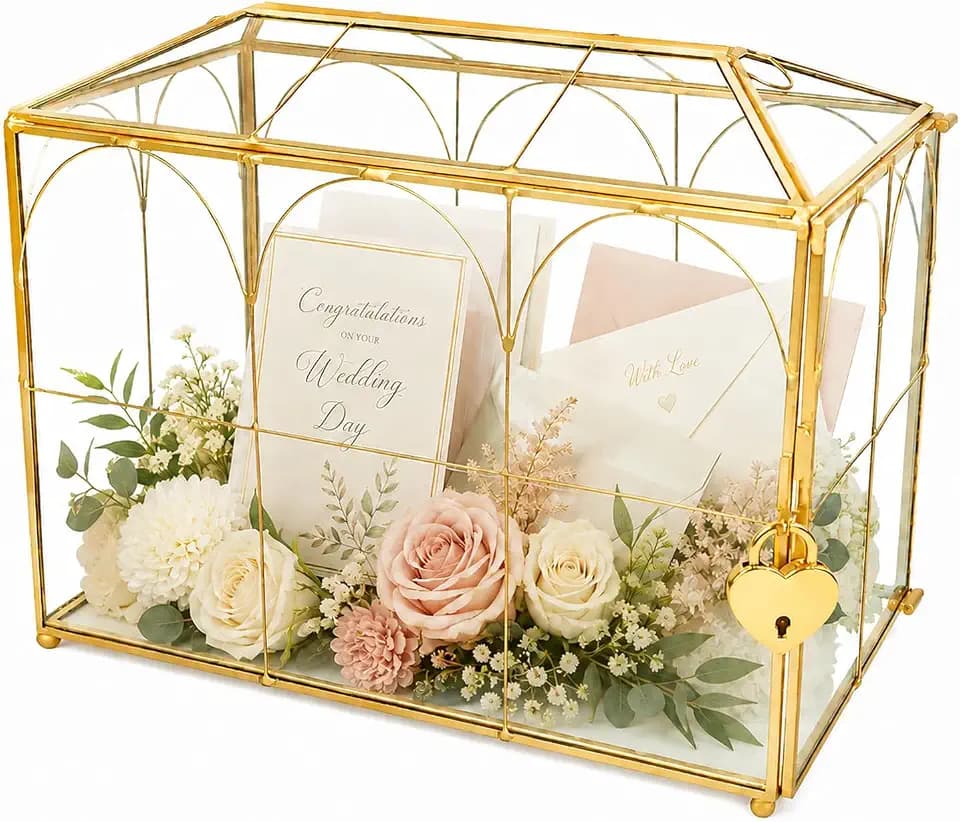 Wedding Gold Glass Card Box with Lock and Slot - Wedding Envelope Card Holder for Reception Handmade Gold Decorative Glass Terrarium, Party Centerpiece Gift Card Box Handmade Vintage Wedding Card Box