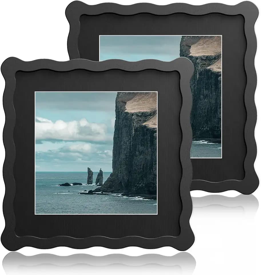 8x8 Wavy Picture Frame with 6x6 Mat, 8 x 8 Wood Frame, Real Glass