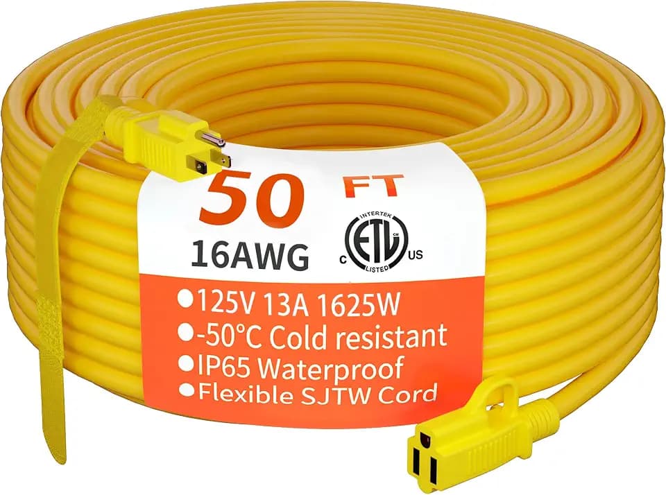 HUANCHAIN Indoor Outdoor Yellow Extension Cord 50 FT Waterproof 16/3 Gauge