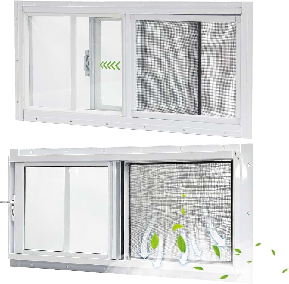Yuzzy Shed Windows 2 Pack, 10"x23" Sliding Windows Transom Window with Tempered Glass and Removable Fiberglass Screen for Shed, Chicken Coop, Playhouse, Household, Garage, Barns (White)