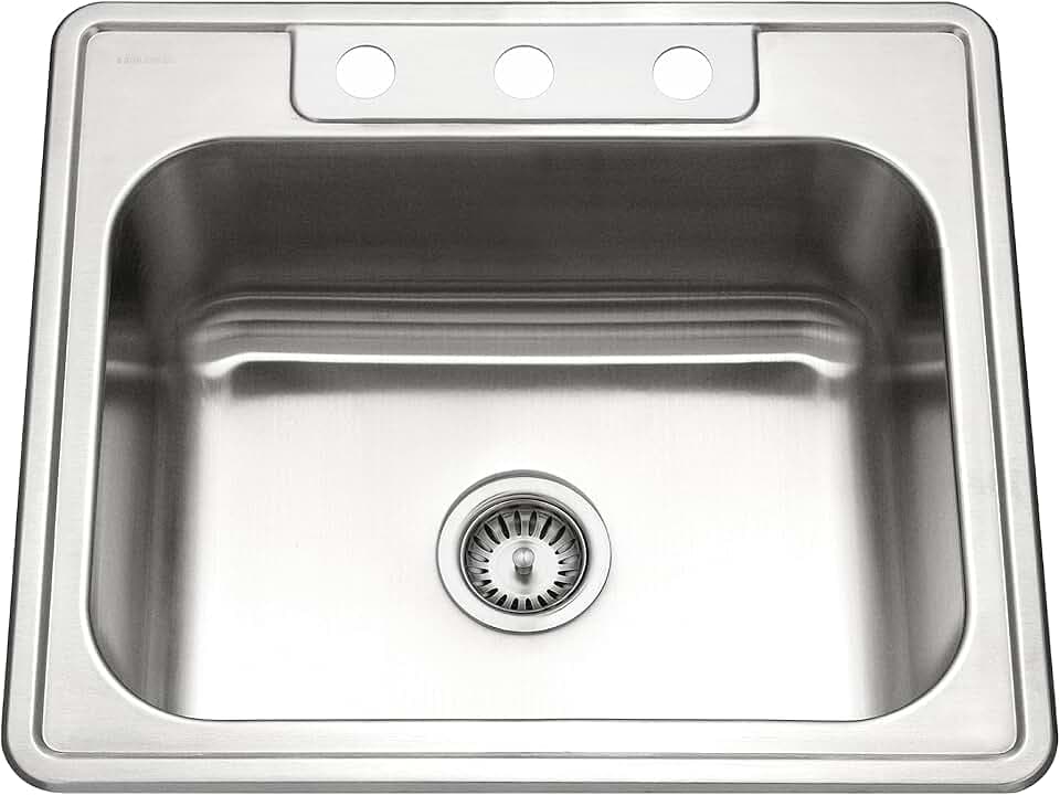 Houzer Stainless Steel 2522-8BS3-1 Glowtone Series Kitchen Sink - 25" Topmount Drop In Multipurpose Sink, Single Bowl Basin, 3 Hole, Ideal for Workstation, RV, Outdoor Kitchen, or Bar