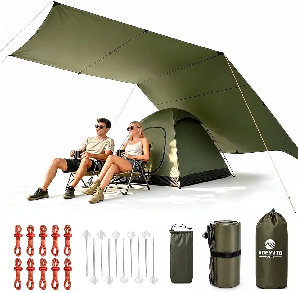 17x10 FT Large Camping Tarp Waterproof, Lightweight PU6000mm Rain Fly, UPF 100+ Sun Protection Camping Canopy & Tent Cover for Outdoor Camping, Picnic, Backpacking & Hammock (Note: Poles Not Included)
