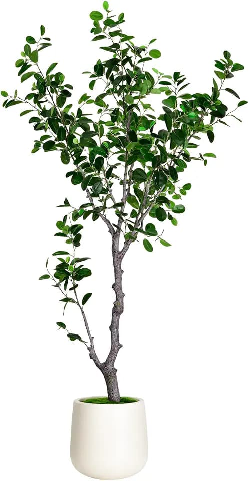 6FT East Ficus Tree Artificial Plant - 72 Inch Tall Fake Indoor Tree with Bendable Branches & Realistic Leaves, Faux Floor Plant for Home Office Decor in White Pot