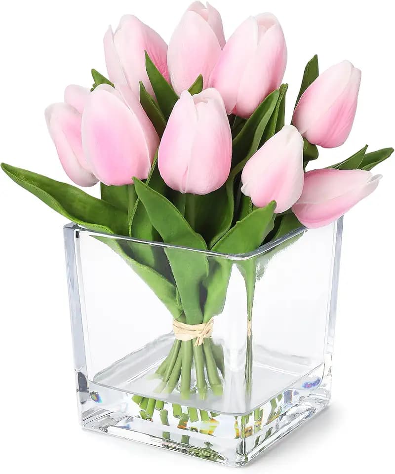 12 Stems Pink Artificial Mini Tulips - PU Silk Fake Flowers Bouquet for Home Wedding Decor