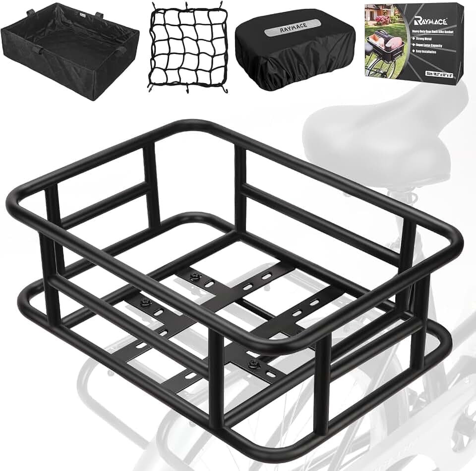 RAYMACE Rear Rack Bike Basket with Cargo Net and Liner