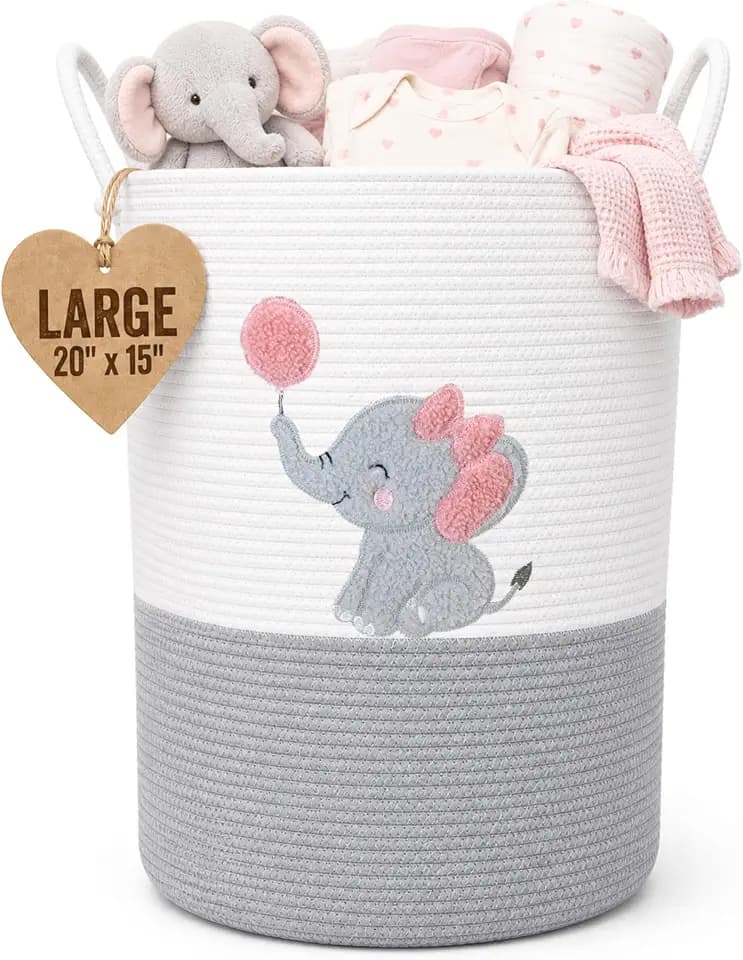 Elephant Baby Laundry Basket for Girl Nursery, Pink Rope Hamper, 20x15 in
