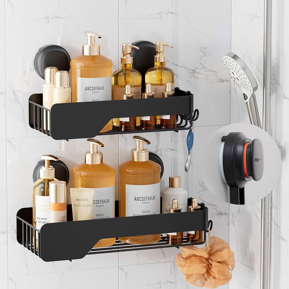 LEVERLOC Shower Caddy Visual Safety Suction Cup, Shower Shelves Black