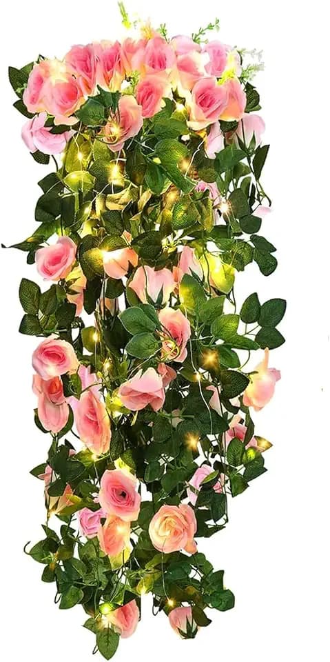 RECUTMS 2PCS Artificial Rose Garland Fake Hanging Flowers for Outdoors