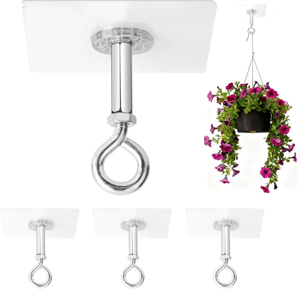 Adhesive Ceiling Hooks, 4 Pack No Drill Hooks for Hanging Plants