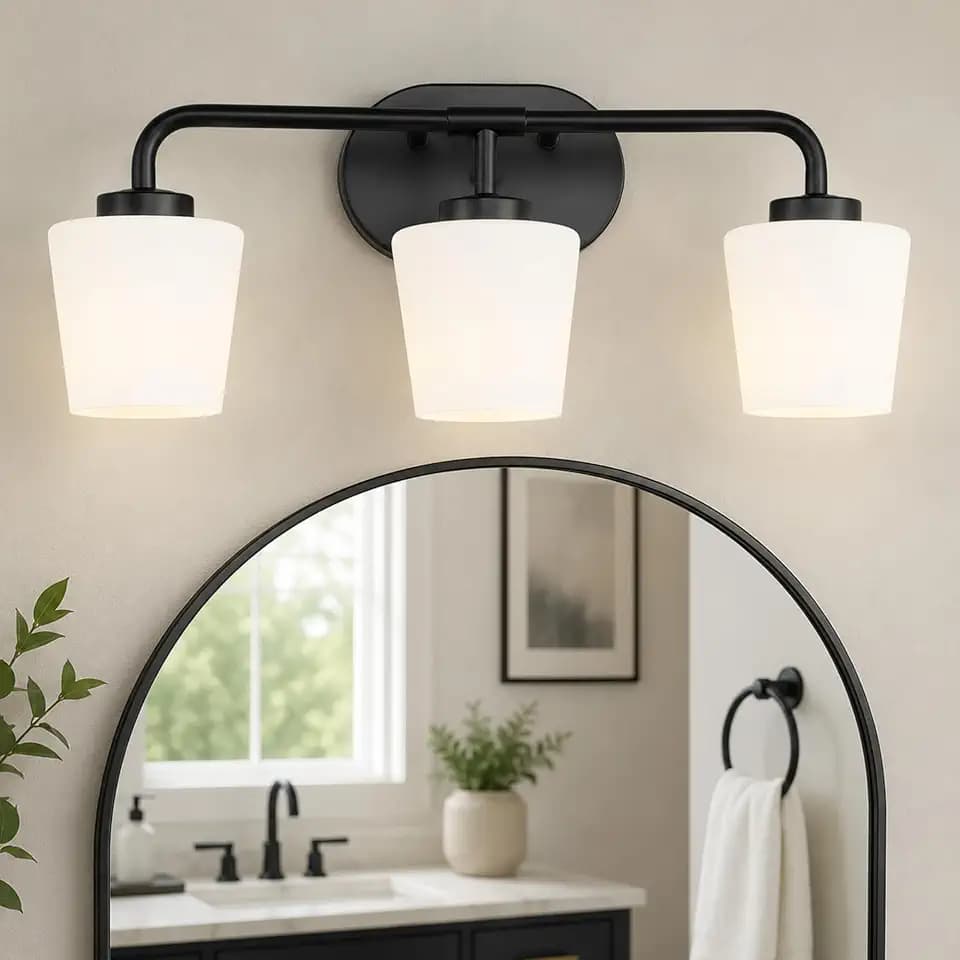 3-Light Matte Black Bathroom Vanity Light, Milk White Glass