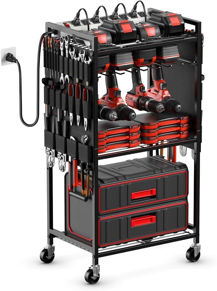 JUNNUJ Power Tool Organizer Cart with Charging Station, 6 FT Cord, Black