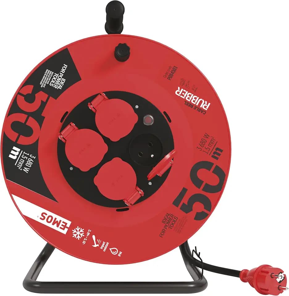 EMOS - Kabeltrommel 50m - 4 French-Steckdosen - wasserdicht, schlagfest, hitze- & kältebeständig - 230V, 16A, 3680W - Gummi-Isolierung - H05RR-F3G 1,5 mm2 - IP44 für Außenbereich