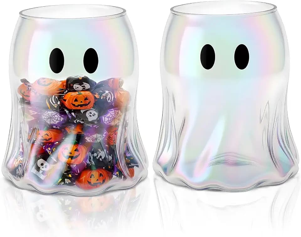 2 Pcs Halloween Candy Dish, Glass Ghost Candy Jars, Iridescent