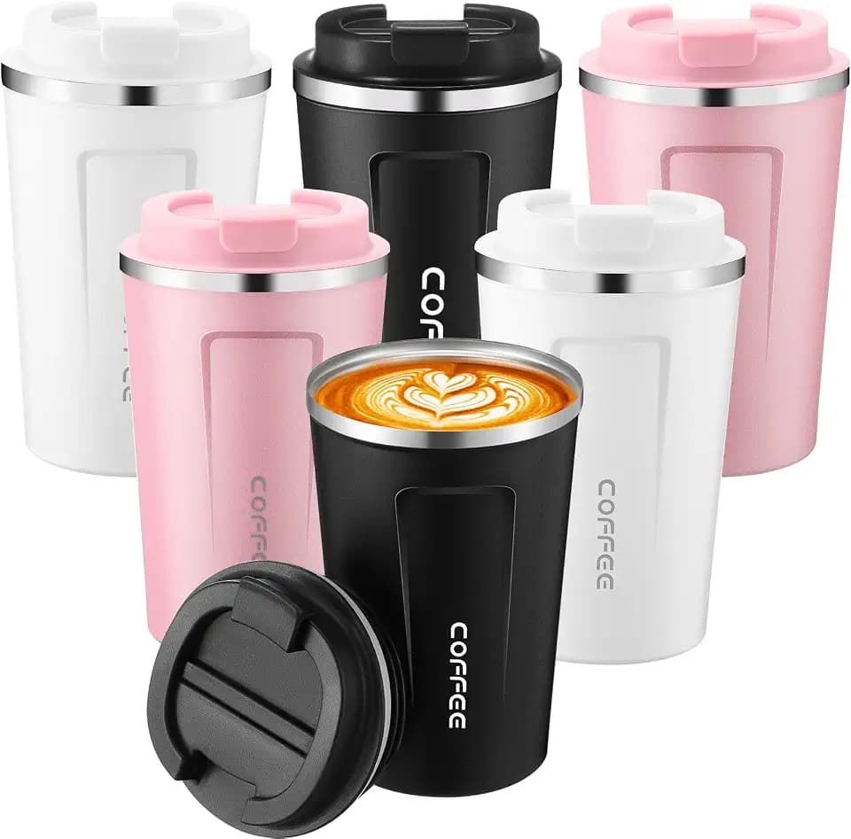 Qinyoung 6 Pack Travel Coffee Mugs 12oz Insulated,Black, White, Pink