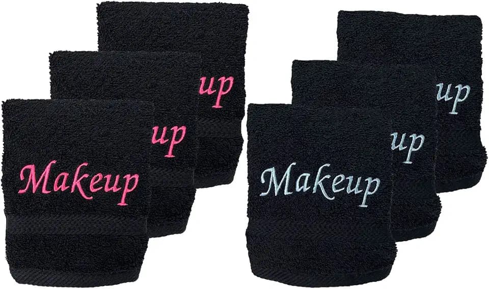 Liberty21 Makeup Remover Towels. 100% Soft Cotton Embroidered Makeup Washcloths. Facial Cleansing, Black Reusable Face Towel Set. 6 Towels Included in The Set.