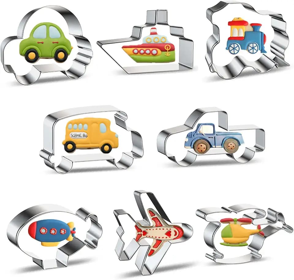 Travel Cookie Cutter Set 8-Piece Transportation and Vehicles Cookie Cutters with Car, Airplane, Train, Bus, Helicopter, Vintage Truck, Airship, Cruise Ship Shapes Biscuit Molds for Kids Baking Party