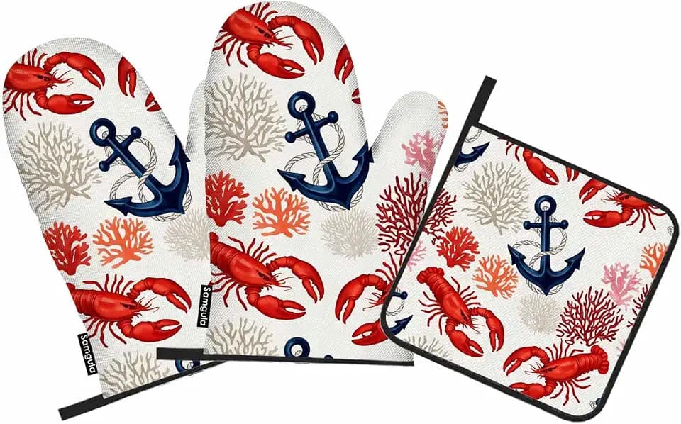 Red Corals Oven Mitts and Pot Holders Sets Lobster Ship Anchor Heat Resistant 3pcs for Cooking Baking BBQ