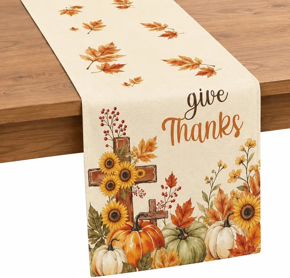 Fall Thanksgiving Table Runner, Give Thanks Pumpkin Cross Sunflower Maple Leaves Linen Table Runners Autumn Home Kitchen Dining Table Decor for Fall Thanksgiving Party Supplies Decorations 13x72 Inch