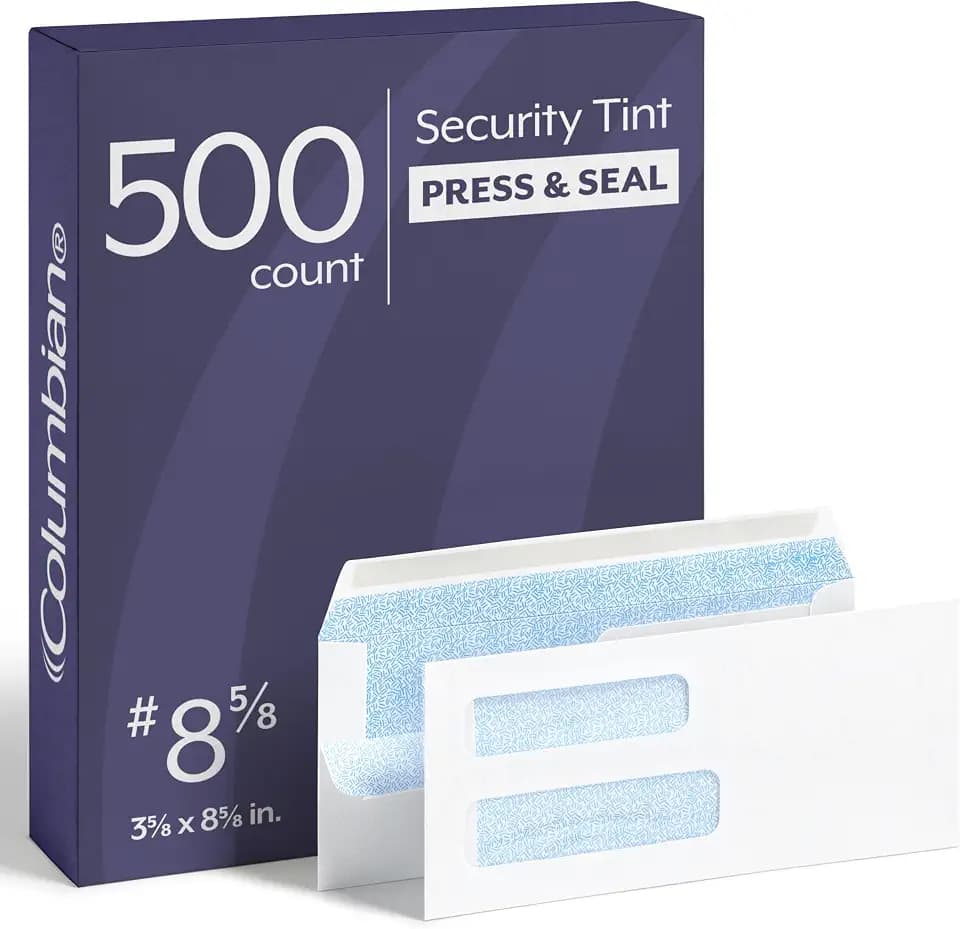 Columbian #8-5/8 Security Envelopes, 500 Pack, Double Window Self Seal Envelopes for QuickBooks Checks and Business Mailings, 3-5/8" x 8-5/8", Durable 24 lb White Paper