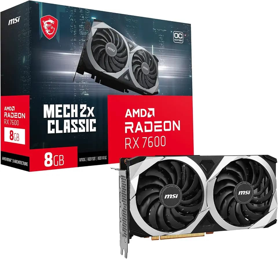 MSI Gaming Radeon RX 7600 128-bit 8GB GDDR6 DP/HDMI Dual Torx 3.0 Fans FreeSync DirectX 12 VR Ready OC Grafikkarte (RX 7600 MECH 2X Classic 8G OC)