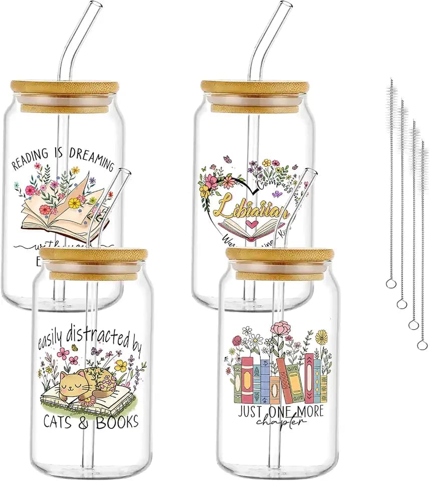Glass Cups with Lids and Straws, 4Pack, 16oz, Bookworm Book