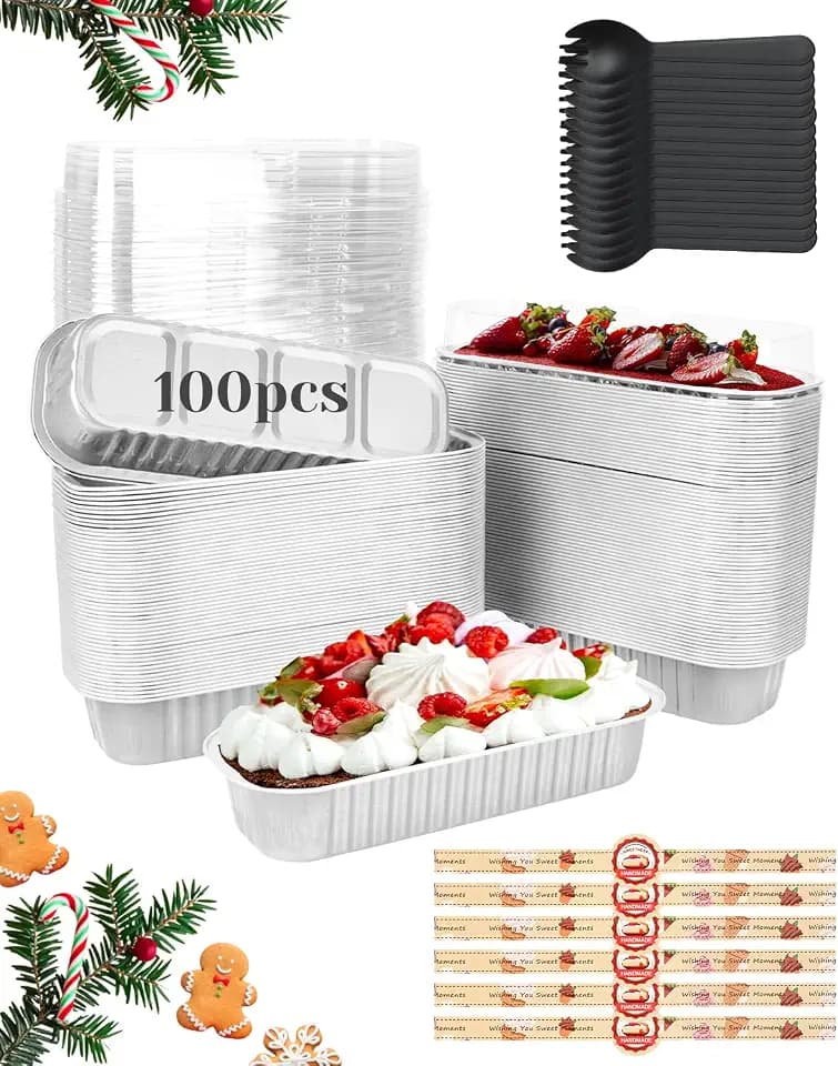 YQER 100 Pack Silver Mini Cake Pans with Lids and Spoons, 6.8 oz Disposable Aluminum Foil Mini Loaf Pans with Stickers, Individual Elegant Dessert Cake Tins Containers for Weddings, Winter Parties