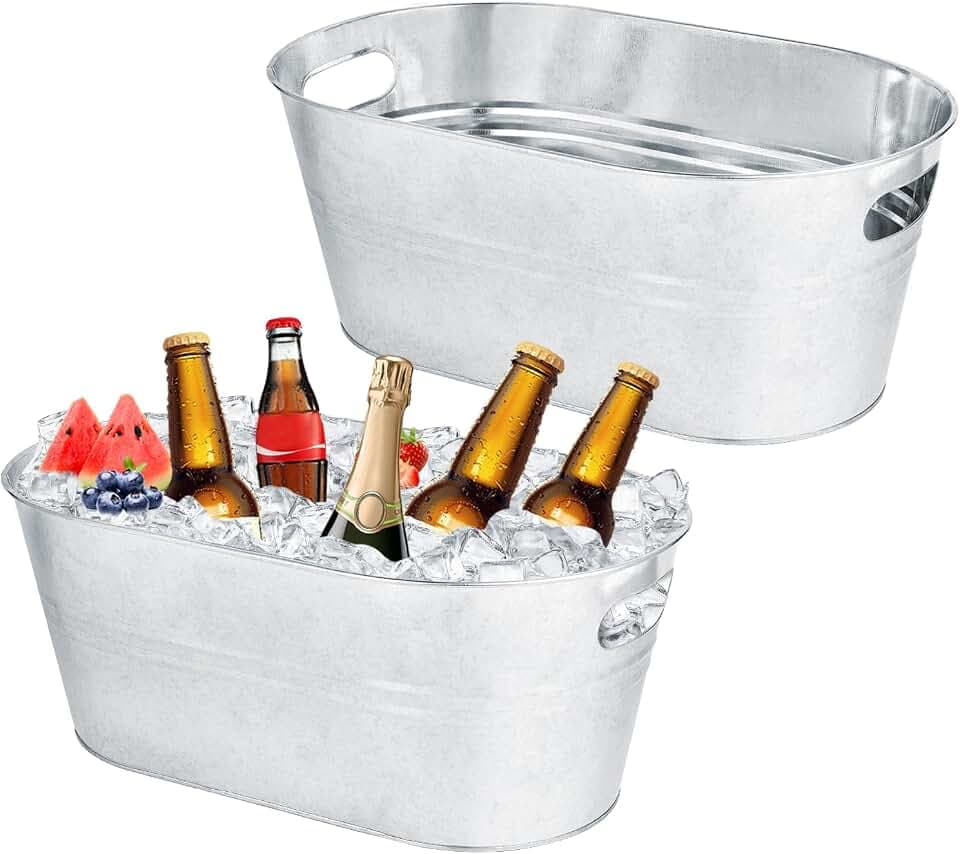 OBTANIM 2 Pack 4 Gallon Galvanized Ice Buckets Metal Champagne Drink Cooler Ice Tub with Carry Handles for Beer Cocktails Wine Beverage Home Parties Bar Cooling Supplies (Silvery)