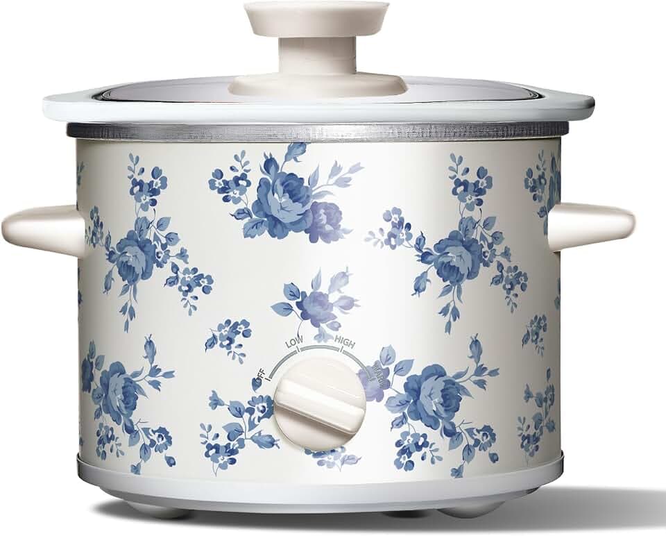 COOK WITH COLOR 2QT Mini Electric Round Slow Cooker - Adjustable Settings, Removable Stoneware Pot, Tempered Glass Lid, Dishwasher Safe, Cool-Touch Side Handles, Floral Blue