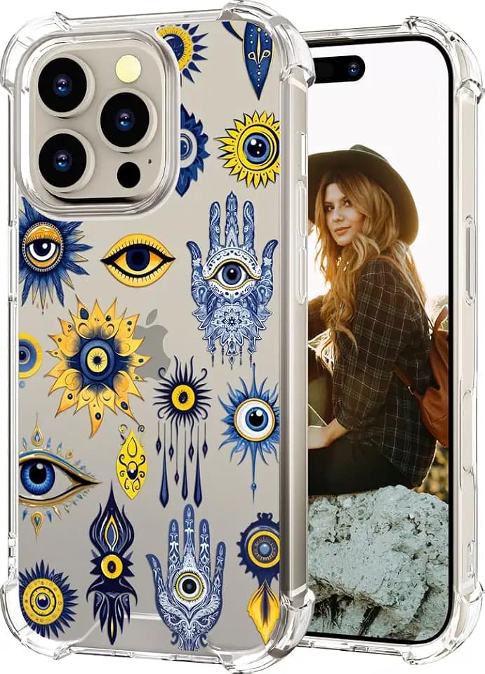 Hungo for iPhone 16 Pro Max Case (Clear Hamsa Evil Eyes)