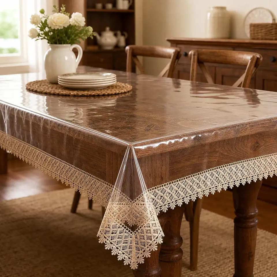 Clear Tablecloth Protector, 0.15mm Heavy Duty Waterproof Vinyl Table Cover with Elegant Lace Trim, Crystal Clear Oilproof Wipeable Reusable Rectangle Tablecloths for Dining Table, 60 x 84 Inch