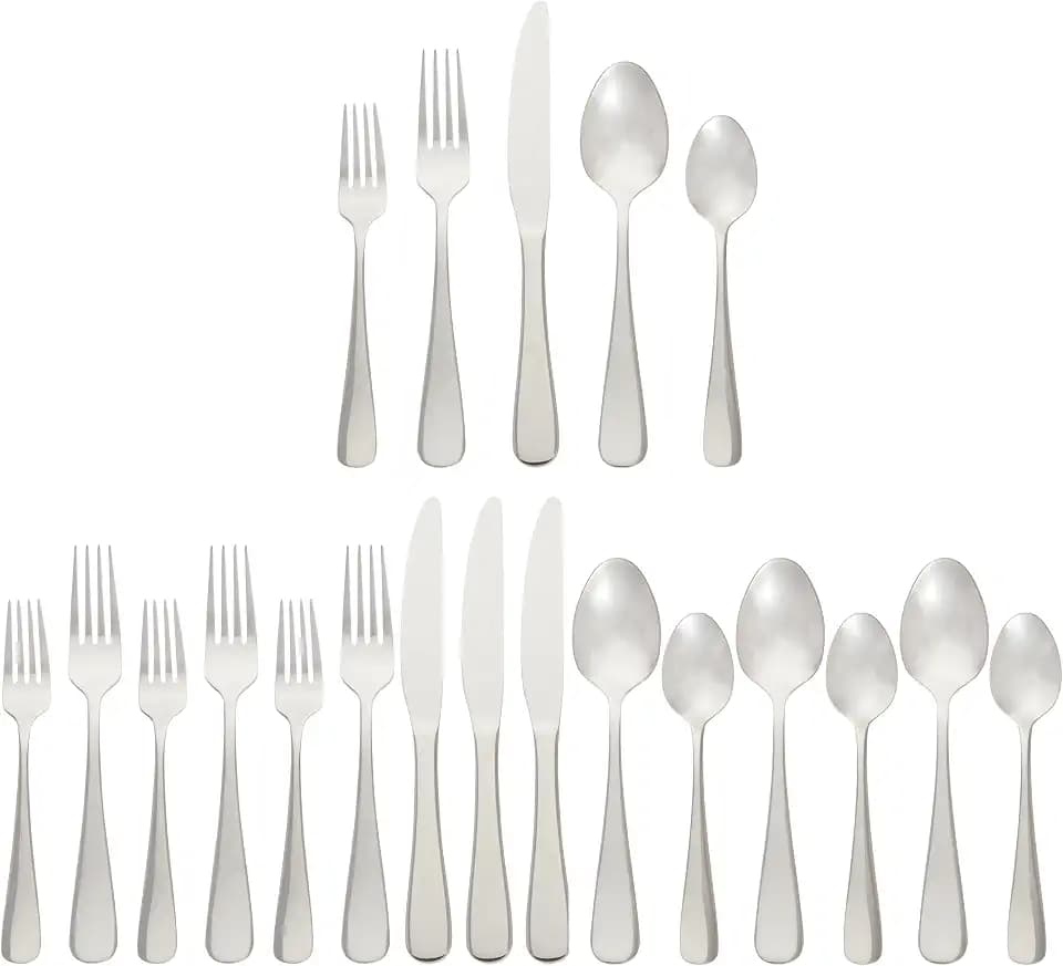 Amazon Basics Silverware Set, Stainless Steel Flatware, Dishwasher Safe, Service for 4, 20-Piece Forks and Spoons, Round Edge, Everyday Use