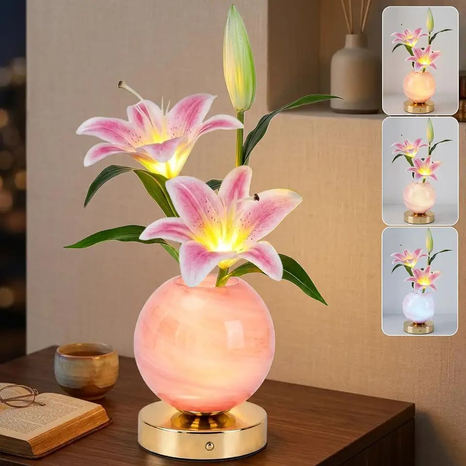 Lily Table Lamp, 3 Color Planet Night Light, Rechargeable Cordless Touch Dimming Artificial Flower Light, LED Flower Bedside Lamp Romantic Gifts for Girl Women Mom (Pink Lily)